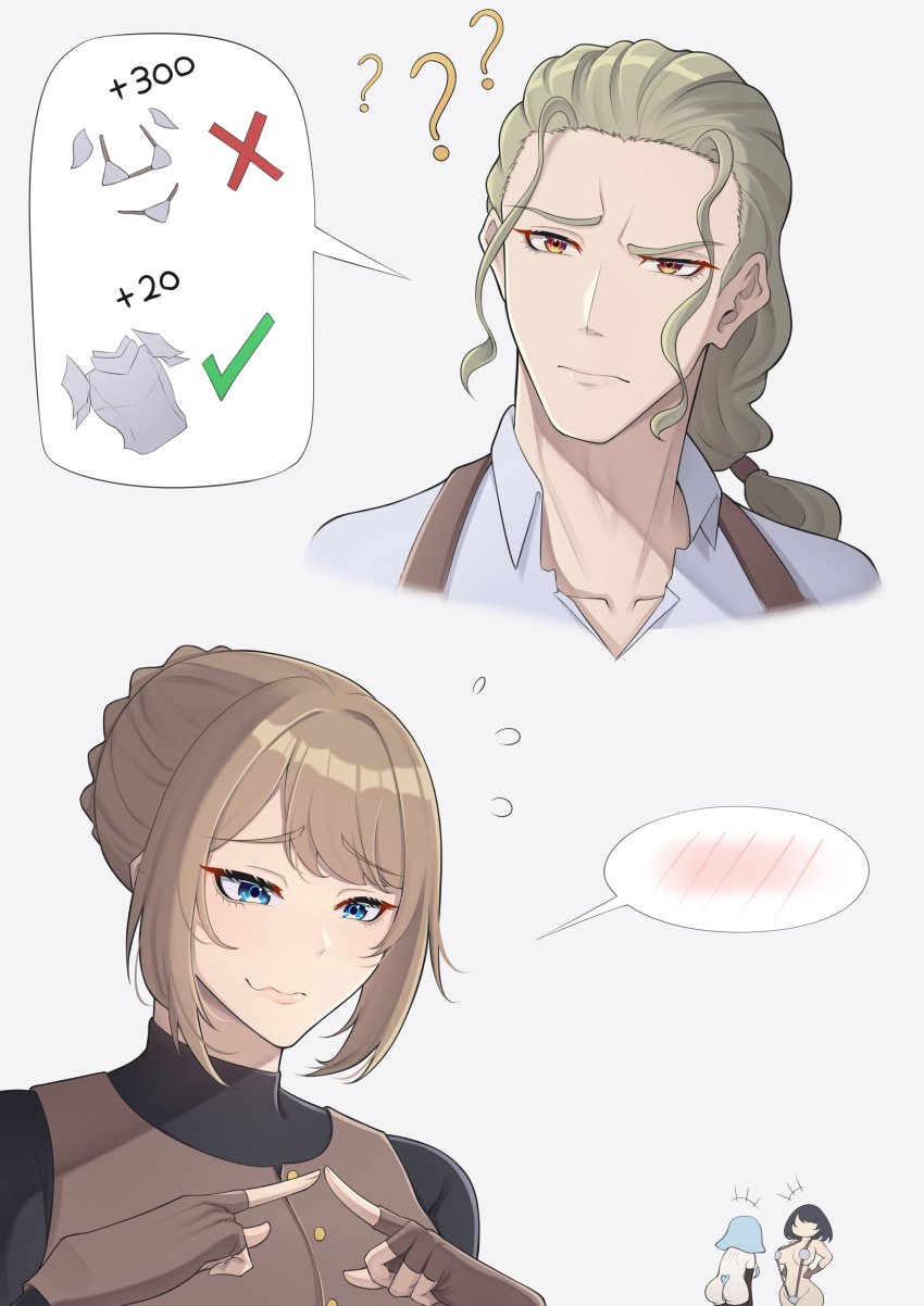 1boy 3girls ? ?? absurdres armor band-width bikini_armor black_shirt blue_eyes braid brown_eyes brown_hair collarbone flying_sweatdrops highres multiple_girls original ponytail shirt speech_bubble spoken_blush
