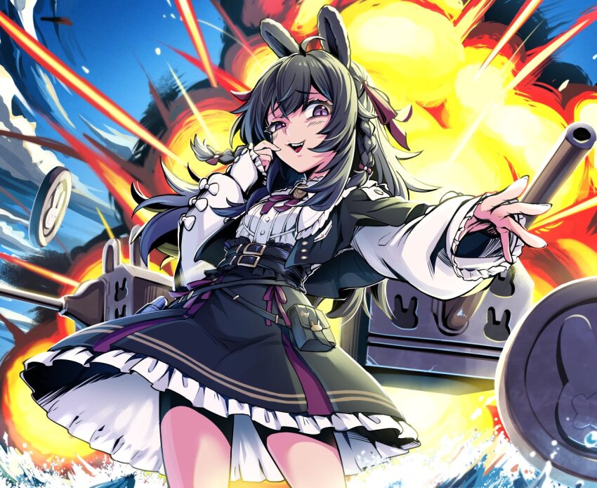 1girl animal_ears bird black_dress black_hair braid cannon cloud dress ebiblue explosion phase_connect pipkin_pippa pipkin_pippa_(shipkin_shippa) rabbit_ears red_ribbon ribbon twin_braids uneven_eyes virtual_youtuber white_sleeves