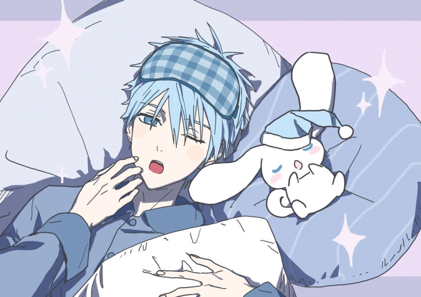 1boy arm_up arms_up blue_eyes blue_hair blue_hat blue_shirt blue_theme blush buttons cinnamoroll closed_eyes collared_shirt commentary eye_mask fingernails fuwa_fuwa_cinnamoroll hair_between_eyes hashtag-only_commentary hat holding holding_pillow kuroko_no_basuke kuroko_tetsuya long_sleeves lying male_focus mask_up nightcap on_back open_mouth pajamas pillow pom_pom_(clothes) sanrio shirt sleeve_cuffs sparkle teeth tongue tt_am618 upper_body upper_teeth_only wing_collar yawning