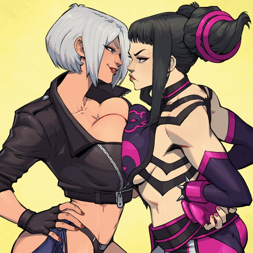 2girls absurdres angel_(kof) asymmetrical_docking black_hair blue_eyes bracelet breast_contest breast_press breasts cleavage commission confrontation crop_top cropped_jacket danusko drill_hair elbow_gloves eye_contact face-to-face faceoff fingerless_gloves glaring gloves hair_horns hair_over_one_eye halterneck han_juri highres jacket jewelry large_breasts leather leather_jacket lightning_glare looking_at_another medium_breasts midriff multicolored_hair multiple_girls nail_polish navel purple_eyes rivalry rivalry second-party_source short_hair smile snk spiked_bracelet spikes stare_down symmetrical_docking the_king_of_fighters the_king_of_fighters_2001 the_king_of_fighters_xiv toned underwear white_hair yellow_background yuri
