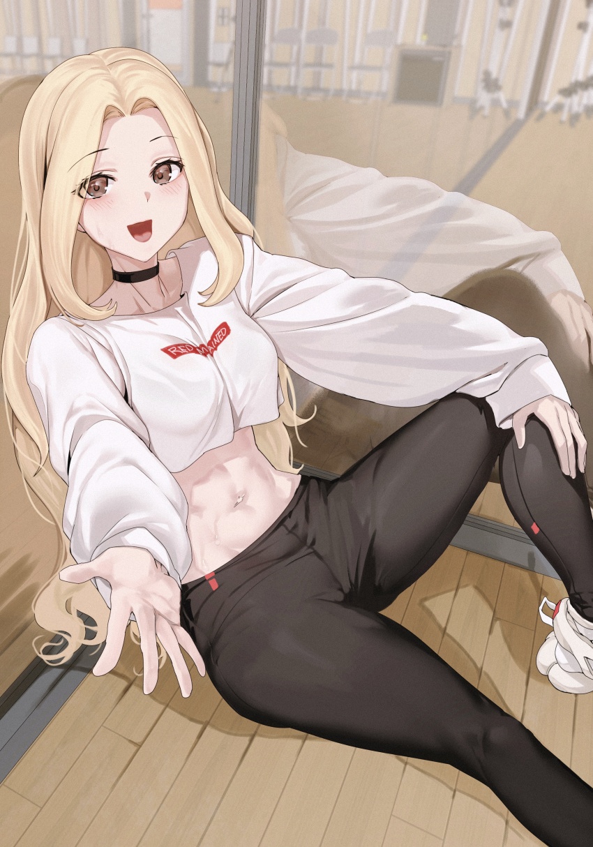 1girl abs absurdres black_pants blonde_hair blush breasts brown_eyes glass glass_wall highres jin_rou leggings long_sleeves looking_at_viewer medium_breasts midriff navel open_mouth original outstretched_hand pants shirt sitting smile solo stomach sweat white_shirt wooden_floor