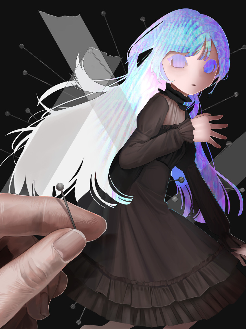 1girl 1other absurdres black_background black_dress blue_eyes blue_hair dress duct_tape frilled_dress frills gradient_hair highres insect_pin long_hair long_sleeves looking_at_viewer mini_person minigirl multicolored_hair original out_of_frame pin pov pov_hands simple_background taxidermy test_norma1 white_hair