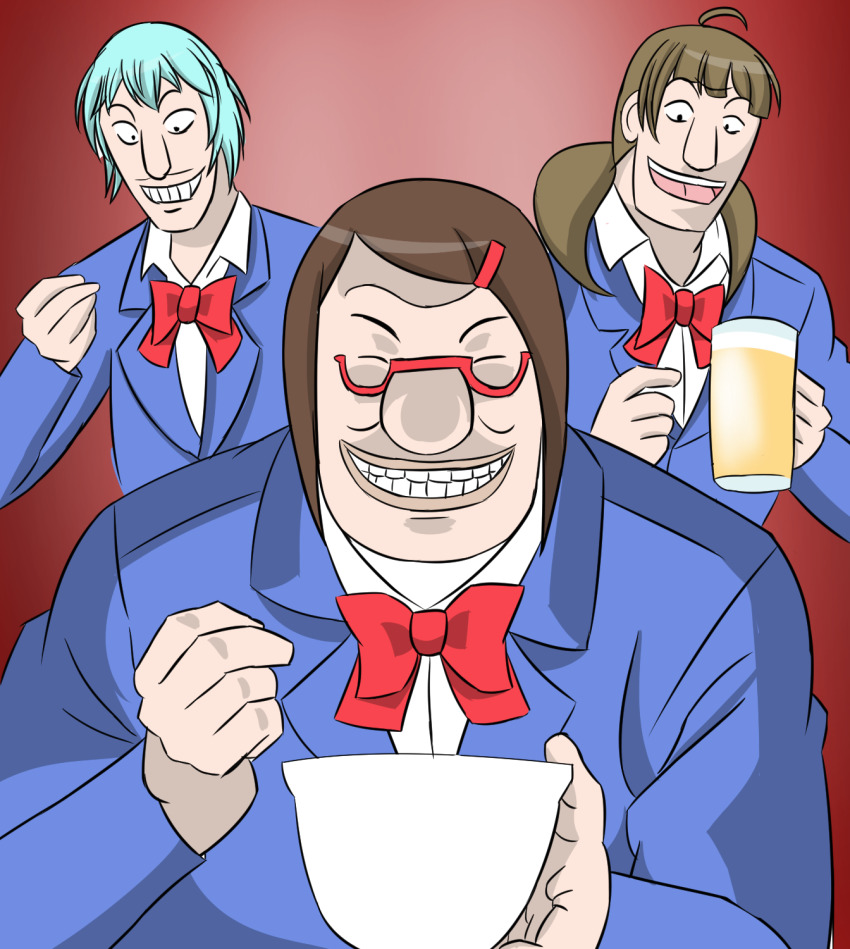 1-nichi_gaishutsuroku_hanchou 3boys blue_hair blue_jacket bow brown_background brown_hair chuukan_kanriroku_tonegawa cosplay crossover hair_ornament hairclip highres houkago_saikoro_club hyougetsu_nagare jacket kaiji kaoru_isawa long_hair long_sleeves male_focus multiple_boys oono_midori oono_midori_(cosplay) ootsuki_(kaiji) red-framed_eyewear red_bow school_uniform takayashiki_aya takayashiki_aya_(cosplay) takekasa_miki takekasa_miki_(cosplay) takuya_nunmakawa twintails