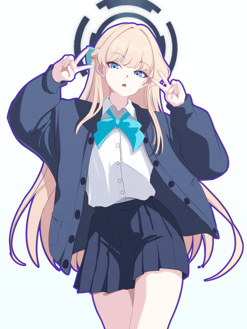 1girl blonde_hair blue_archive blue_bow blue_bowtie blue_eyes bow bowtie cardigan collared_shirt halo highres long_hair looking_at_viewer nobunaga1207 open_mouth pleated_skirt school_uniform shirt sidelocks skirt solo standing thighs toki_(blue_archive) toki_(school_uniform)_(blue_archive) v very_long_hair white_background white_shirt