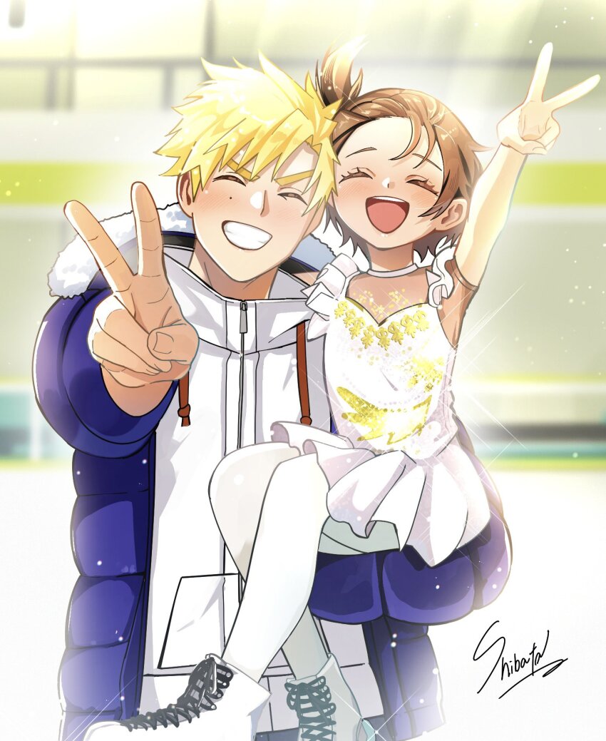 1boy 1girl :d akeuraji_tsukasa blonde_hair brown_hair closed_eyes coat dondonpafufu down_jacket dress fur-trimmed_coat fur_trim grin highres ice_skates jacket medalist_(manga) mole mole_under_eye open_mouth signature skates skating_rink smile v yuitsuka_inori