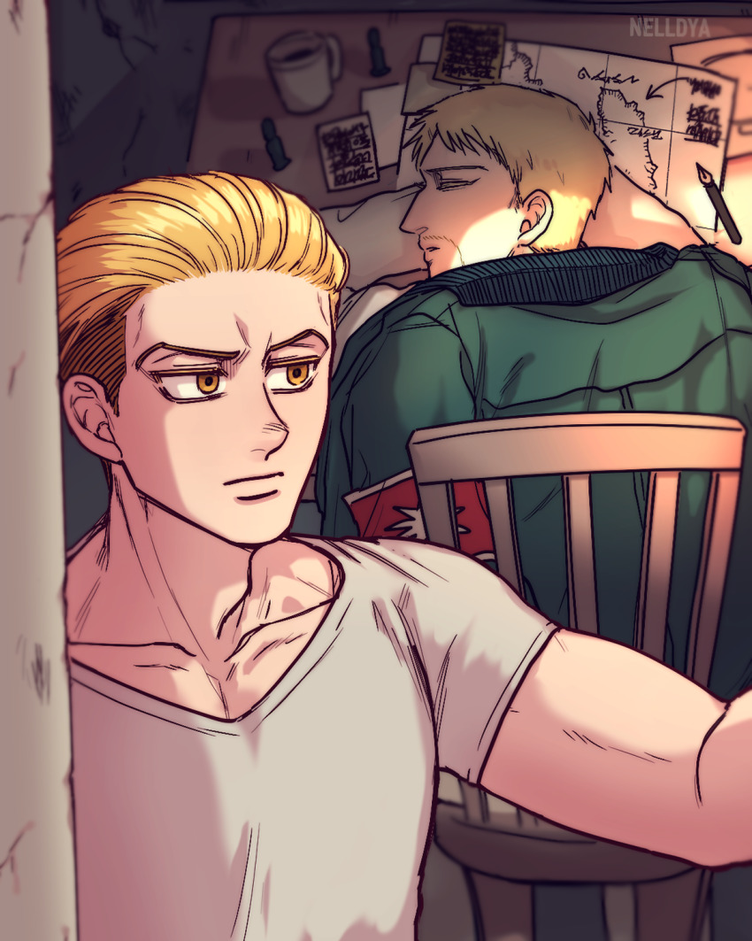 2boys armband artist_name beard blonde_hair coffee cup disposable_coffee_cup disposable_cup facial_hair green_jacket hair_slicked_back highres jacket jacket_on_shoulders long_sleeves male_focus map mina_(als_dk) multiple_boys muscular muscular_male pectorals porco_galliard reiner_braun shingeki_no_kyojin shirt short_hair signature sleeping stubble t-shirt undercut uniform white_shirt yellow_eyes
