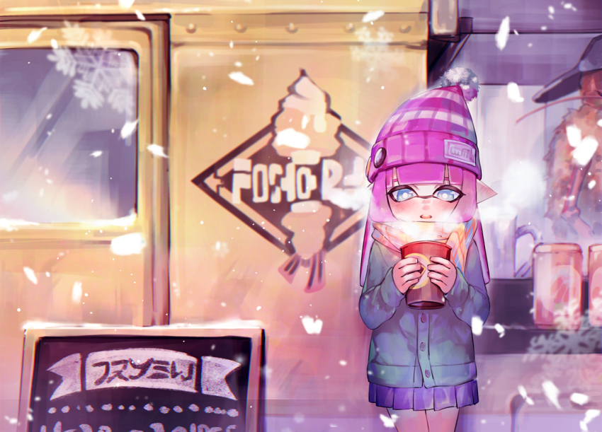 1boy 1girl badge beanie blue_cardigan blue_eyes blue_scarf blue_skirt blush bright_pupils button_badge cardigan commentary_request crusty_sean cup disposable_cup enpera food_truck hat holding holding_cup inkling inkling_(language) inkling_girl inkling_player_character long_hair long_sleeves looking_down nintendo open_mouth outdoors pink_hair pink_hat plaid_clothes plaid_scarf pleated_skirt pointy_ears pom_pom_(clothes) pom_pom_beanie scarf skirt solo_focus splatoon_(series) splatoon_2 steam tentacle_hair two-tone_scarf white_pupils winter_clothes yamagishi_chihiro yellow_scarf