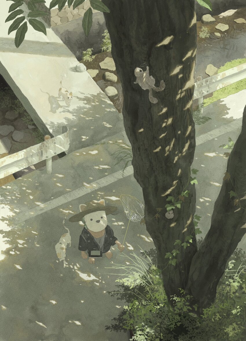 1boy animal barefoot butterfly_net cat dappled_sunlight day dog_mask ears_through_headwear from_above hand_net hat highres holding holding_butterfly_net kusamie looking_up mask multiple_tails original outdoors plant road rock solo squirrel standing stream street sunlight tail tree vines