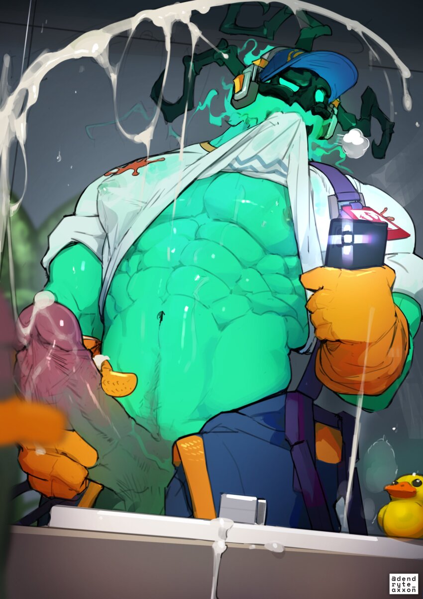 1boy abs absurdres bara bare_pectorals baseball_cap bathtub blush clothes_in_mouth colored_skin commentary cowboy_shot dendryte_axxon english_commentary erection girthy_penis gloves green_skin hat headphones highres holding holding_phone janitor janitor_thresh large_pectorals large_penis league_of_legends looking_at_viewer male_focus male_masturbation masturbation monster_boy mouth_hold muscular muscular_male navel_hair nipples pectorals penis phone print_shirt rubber_duck rubber_gloves selfie shirt shirt_in_mouth skull_head solo standing stomach thresh_(league_of_legends) uncensored underpec