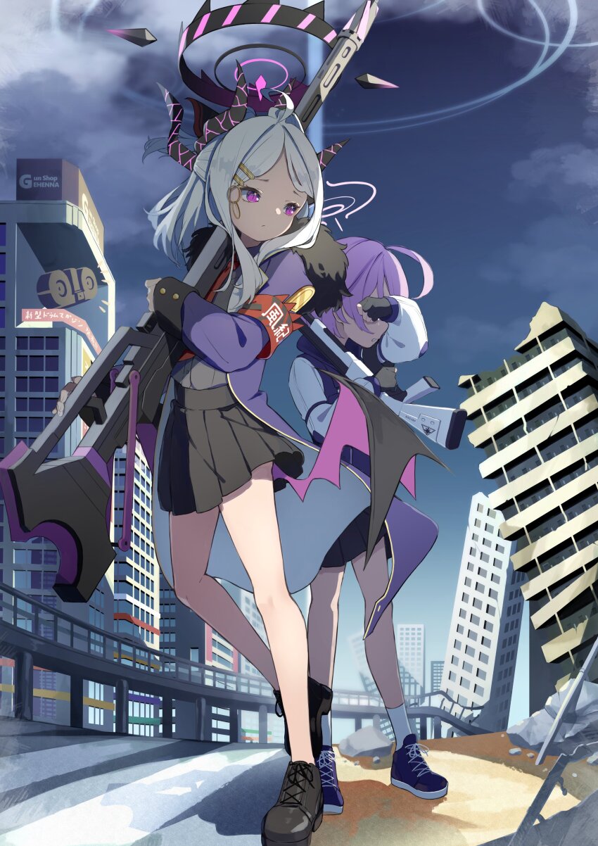 2girls absurdres ahoge armband beretta_1301 black_footwear black_shirt black_skirt blue_archive building city cityscape cloud coat commentary_request crying demon_girl demon_horns demon_wings english_text fur-trimmed_coat fur_trim gloves grey_sky gun hair_ornament half_updo halo highres hina_(blue_archive) holding holding_gun holding_weapon horns hoshino_(blue_archive) hoshino_(first_year)_(blue_archive) hoshino_(young)_(blue_archive) machine_gun mg42 miniskirt multiple_girls multiple_horns outdoors overpass pink_hair pink_halo purple_coat purple_eyes railing red_armband ruins shirt shoes short_hair shotgun skirt sky socks standing tears utility_vest vest wavy_hair weapon white_hair white_socks wings yuki_hishaku