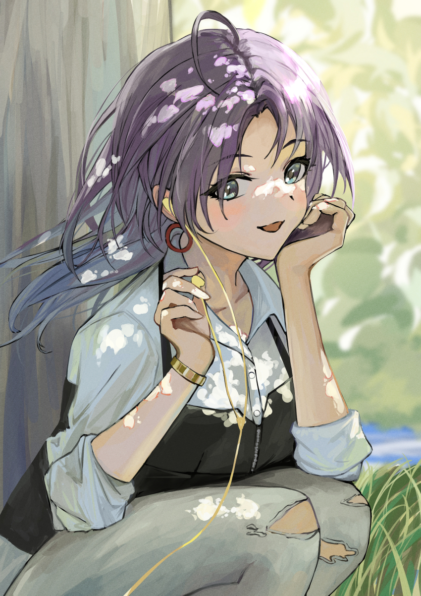 1girl ahoge asakura_toru blush denim earphones earrings floating_hair gradient_hair highres holding holding_earphones hoop_earrings idolmaster idolmaster_shiny_colors jeans jewelry long_hair looking_at_viewer multicolored_hair official_alternate_costume outdoors pants purple_hair shirt smile solo squatting torn_clothes torn_pants tree ushimo_(dztu8434) white_shirt