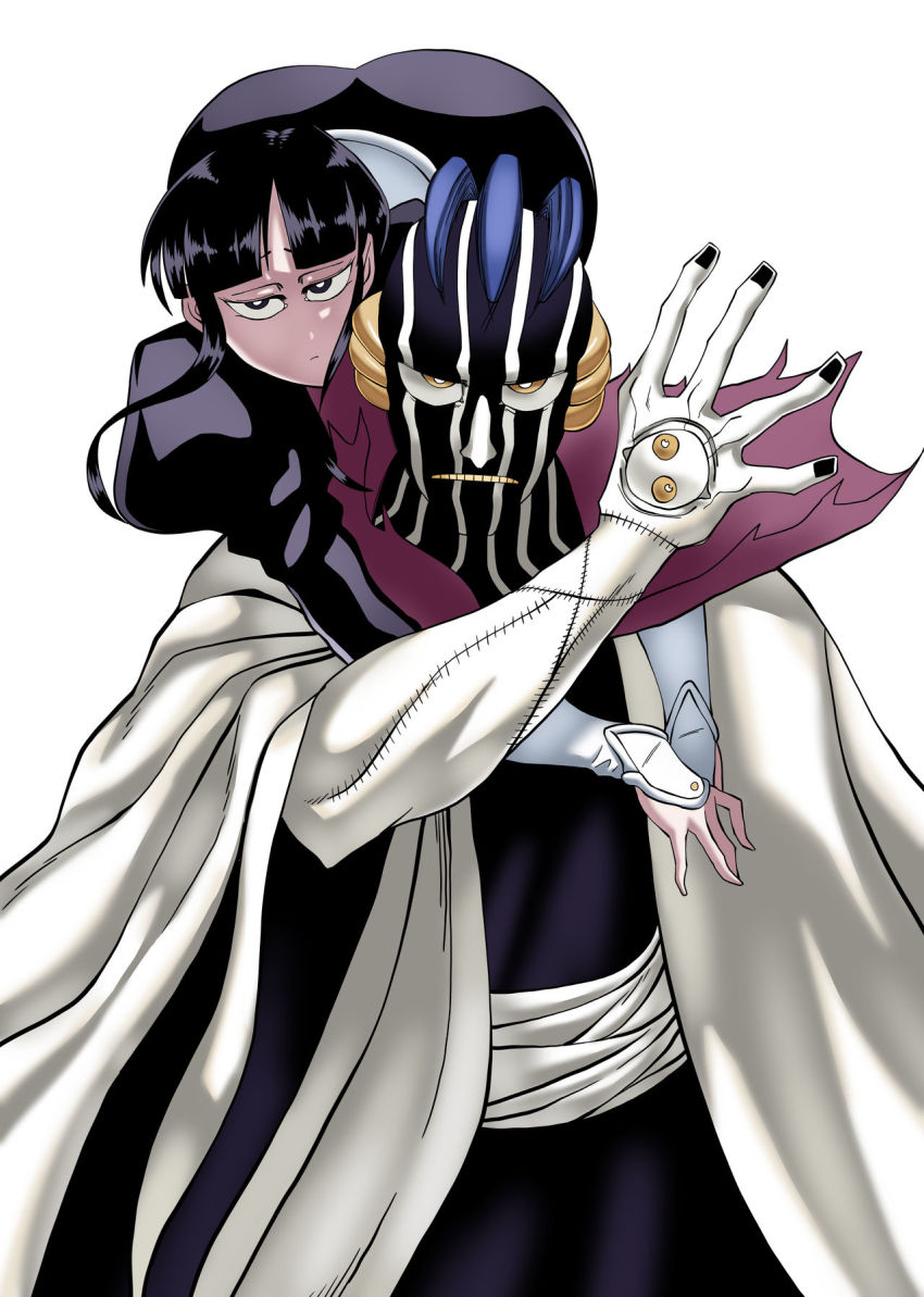 1boy 1girl ass black_hair bleach blue_eyes blue_hair breasts colored_skin extra_eyes family father_and_daughter highres huge_ass japanese_clothes kimono kurotsuchi_mayuri kurotsuchi_nemu large_breasts looking_at_viewer modification multicolored_skin muscular muscular_male pernida_parnkgjas scar serious yellow_eyes
