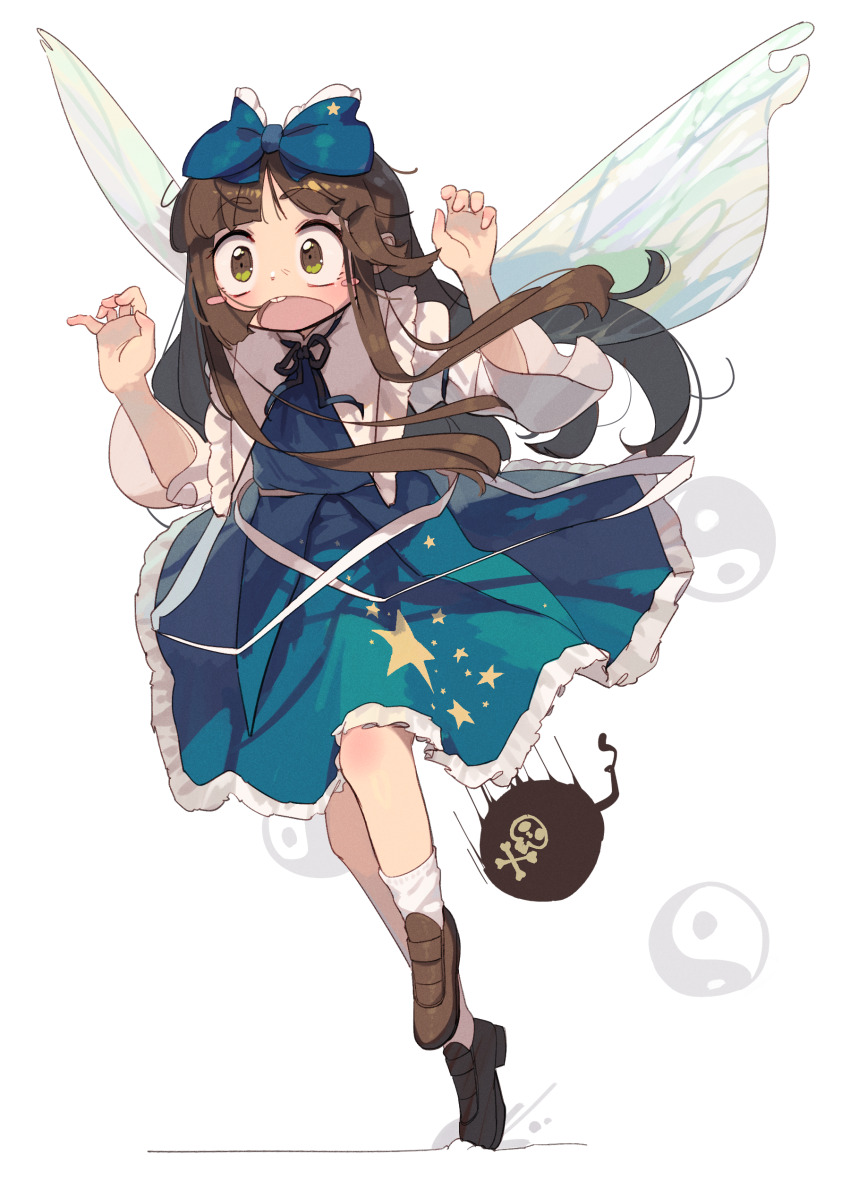 1girl absurdres blue_bow blue_dress blush blush_stickers bomb bow brown_eyes brown_hair commentary_request dress explosive fairy_wings floating_hair frilled_shirt_collar frills full_body hair_bow hands_up highres housulu long_hair open_mouth orb simple_background solo star_(symbol) star_print star_sapphire touhou tripping very_long_hair white_background wide-eyed wings yin_yang yin_yang_orb