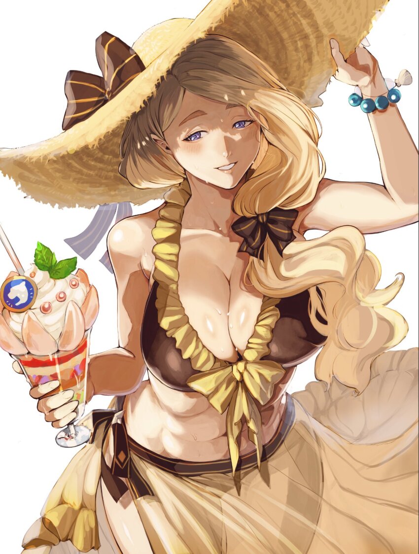 1girl bikini blonde_hair blue_eyes breasts brown_bikini brown_sarong cleavage fire_emblem fire_emblem:_three_houses fire_emblem_heroes frilled_bikini frills gradient_sarong hat highres large_breasts long_hair mercedes_von_martritz mercedes_von_martritz_(summer) nintendo off-shoulder_bikini off_shoulder official_alternate_costume sarong solo straw_hat sun_hat sutekina_yari swimsuit
