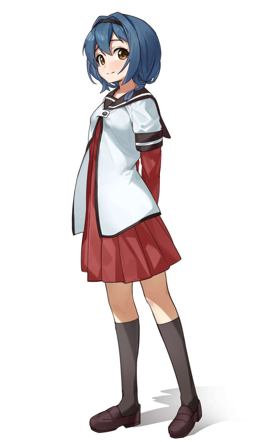 1girl absurdres arms_behind_back black_hairband black_socks blue_hair braid breasts brown_sailor_collar brown_shoes buttons closed_mouth commentary dress full_body furutani_himawari hair_between_eyes hair_intakes hairband highres invisible_floor keibi_inu kneehighs knees layered_sleeves loafers long_sleeves low_twin_braids medium_hair nanamori_school_uniform pleated_dress red_dress sailor_collar sailor_shirt school_uniform shadow shirt shoes short_dress short_over_long_sleeves short_sleeves simple_background small_breasts smile socks solo standing twin_braids white_background white_shirt yellow_eyes yuruyuri