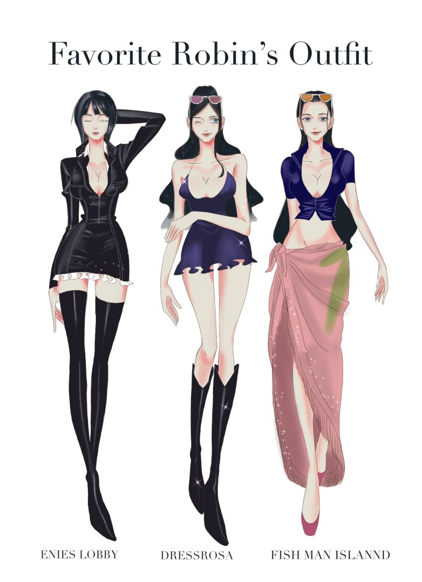 1girl black_boots black_dress blue_dress blue_jacket boots breasts cleavage closed_eyes commentary cropped_jacket dress eyewear_on_head full_body hair_slicked_back highres jacket long_sleeves looking_at_viewer medium_hair multiple_views nico_robin nico_robin_(dressrosa) nico_robin_(return_to_sabaody) nico_robin_(water_7) one_eye_closed one_piece pink_sarong ponytail rihirihi613 sarong short-sleeved_jacket short_dress short_sleeves simple_background solo sparkle thigh_boots white_background