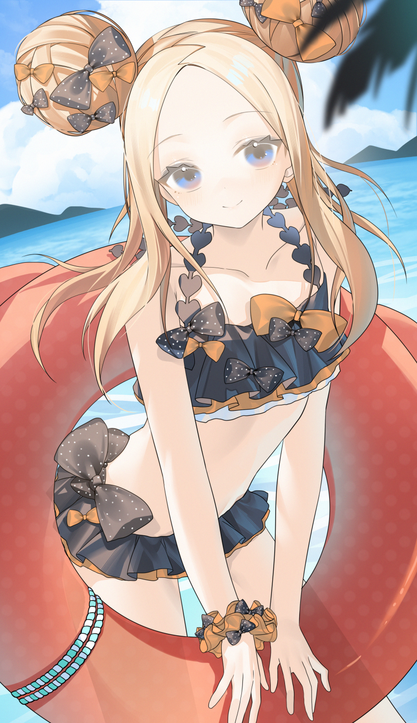 1girl abigail_williams_(emerald_float)_(fate) abigail_williams_(fate) absurdres bare_shoulders beach bikini black_bikini black_bow black_skirt blonde_hair blue_eyes blue_sky blush bow breasts collarbone double_bun fate/grand_order fate_(series) forehead frilled_bikini frills hair_bow hair_bun highres innertube long_hair looking_at_viewer microskirt miyu10366 navel ocean orange_bow parted_bangs skirt sky small_breasts smile solo swim_ring swimsuit thighs