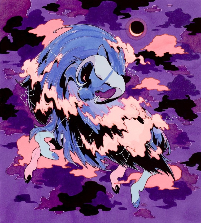 animal animal_focus black_eyes blue_fur blue_horns bull cloud constellation constellation_request crescent_moon fleebites flying head_down heterochromia highres horns limited_palette moon night no_humans original pink_clouds pink_eyes pink_moon purple_clouds purple_sky purple_theme serpens_(constellation) sky traditional_media