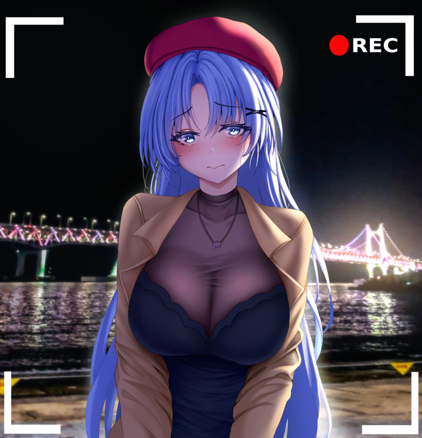 1girl alsace_(azur_lane) alternate_costume azur_lane blue_eyes blue_hair breasts bridge camera_pov casual cleavage highres large_breasts night recording see-through_cleavage see-through_clothes solo upper_body urarasy