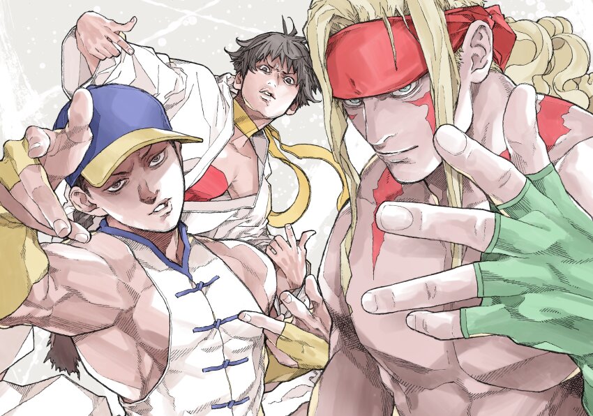 1girl 2boys absurdres alex_(street_fighter) black_hair blonde_hair blue_eyes blue_hat bodypaint bra bridal_gauntlets brown_eyes dougi facepaint fingerless_gloves gloves hands_up hat headband highres karate_gi looking_at_viewer makoto_(street_fighter) multiple_boys neck_ribbon red_bra red_headband ribbon shirt sleeveless sleeveless_shirt smile street_fighter street_fighter_iii_(series) teeth tomboy toned toned_male topless_male underwear yellow_ribbon yoshihara_motoki yun_lee