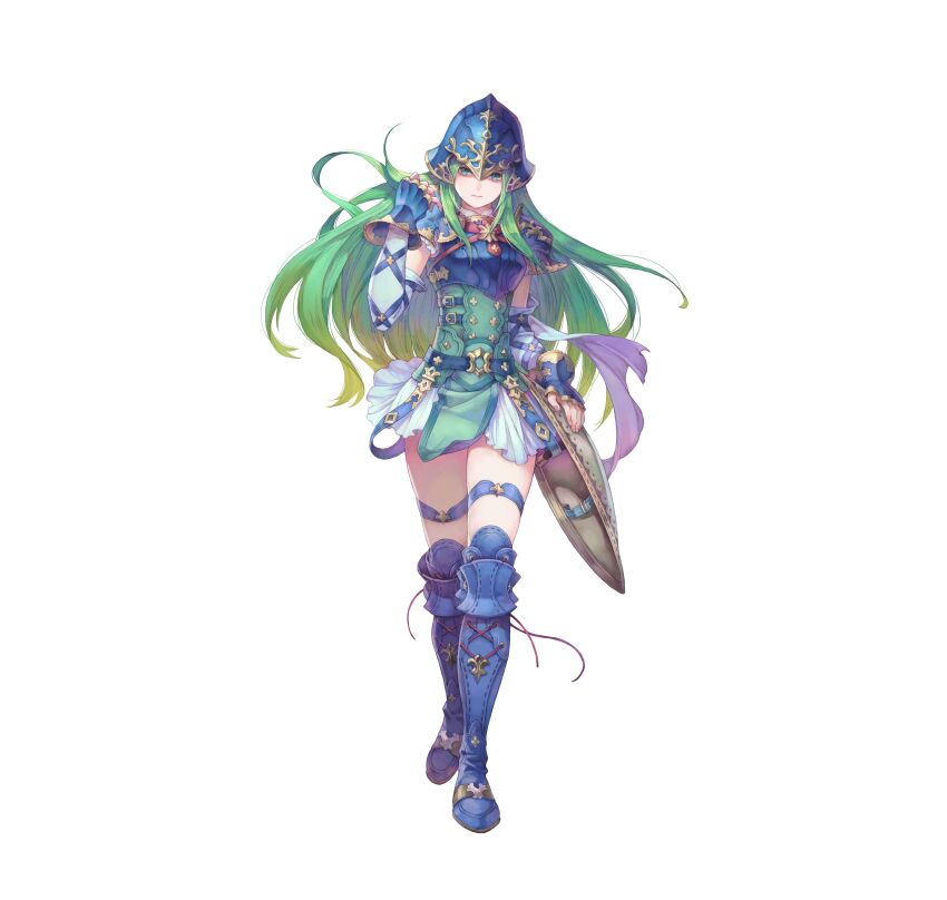 1girl absurdres all_fours armor belt blue_eyes breastplate detached_sleeves fire_emblem fire_emblem:_path_of_radiance fire_emblem_heroes full_body gradient_hair green_hair haccan helmet highres holding long_hair looking_at_viewer multicolored_hair nephenee_(fire_emblem) nintendo official_art shield simple_background skirt thighhighs white_background zettai_ryouiki