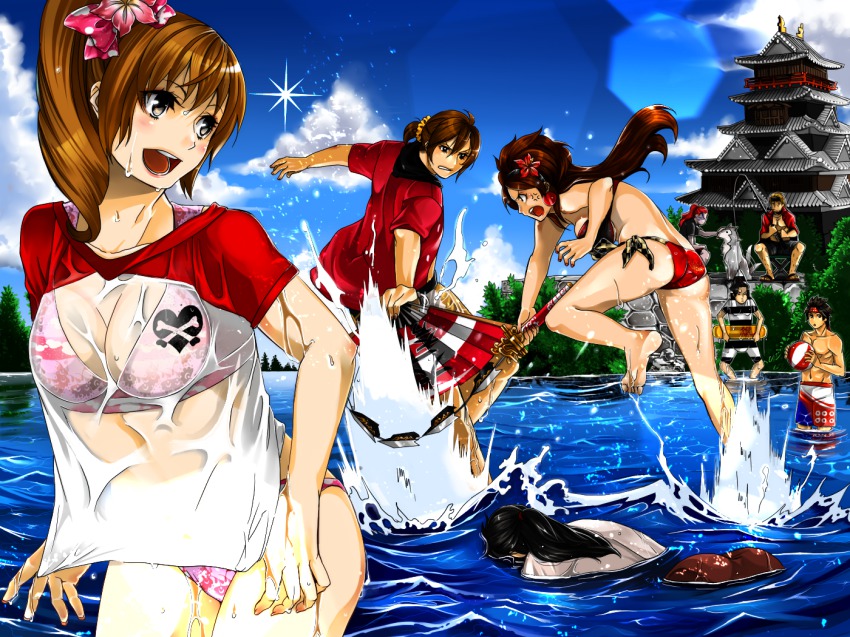 3girls 5boys anger_vein angry ball barefoot beachball bikini black_hair black_male_swimwear black_swim_trunks blonde_hair blue_male_swimwear blue_swim_trunks breasts brown_eyes brown_hair cleavage cloud colored_skin earrings feet flower fuuma_kotarou hair_ornament hand_fan headband hojo_ujiyasu image_sample ishida_mitsunari japanese_clothes jewelry kaihime kimono kunoichi_(sengoku_musou) long_hair male_swimwear midriff multicolored_male_swimwear multicolored_swim_trunks multicolored_swimsuit multiple_boys multiple_girls open_mouth pixiv_sample ponytail purple_skin red_hair red_male_swimwear red_swim_trunks ribbon sakichi6891 sanada_yukimura_(sengoku_musou) see-through_clothes sengoku_musou sengoku_musou_2 sengoku_musou_3 shirt short_hair sitting sky swim_trunks swimsuit sword water weapon wet wet_clothes wet_shirt white_male_swimwear white_swim_trunks wolf