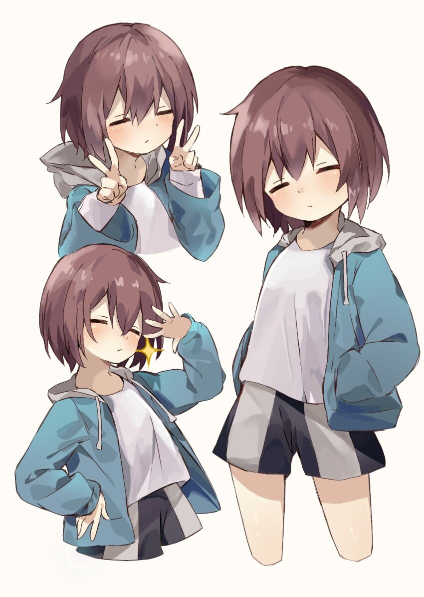 1other ^_^ black_shorts blue_jacket blush bob_cut brown_hair closed_eyes closed_mouth commentary_request cosplay cropped_legs cropped_torso double-parted_bangs double_v drawstring facing_viewer frisk_(undertale) grey_hood hair_between_eyes hand_on_own_hip hands_in_pockets highres hood hood_down hooded_jacket jacket layered_sleeves long_sleeves multiple_views n_ante61 open_clothes open_jacket other_focus puffy_long_sleeves puffy_sleeves sans_(undertale) sans_(undertale)_(cosplay) shirt short_hair shorts simple_background sparkle striped_clothes striped_shorts two-tone_shorts undertale v vertical-striped_clothes vertical-striped_shorts white_background white_shirt white_shorts