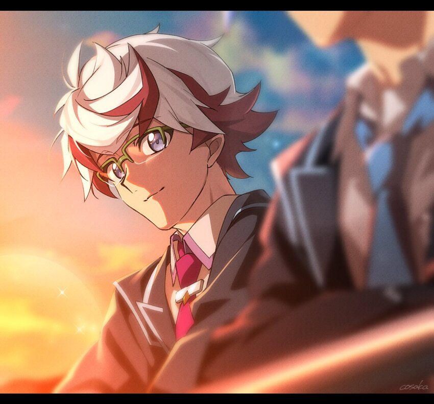 2boys black_jacket blue_eyes blue_necktie blurry blurry_background blurry_foreground brown_hair collared_shirt fujiki_yusaku glasses highres homura_takeru jacket lunapont male_focus multicolored_hair multiple_boys necktie over-rim_eyewear purple_necktie semi-rimless_eyewear shirt short_hair smile solo_focus sunset two-tone_hair white_hair white_shirt yu-gi-oh! yu-gi-oh!_vrains