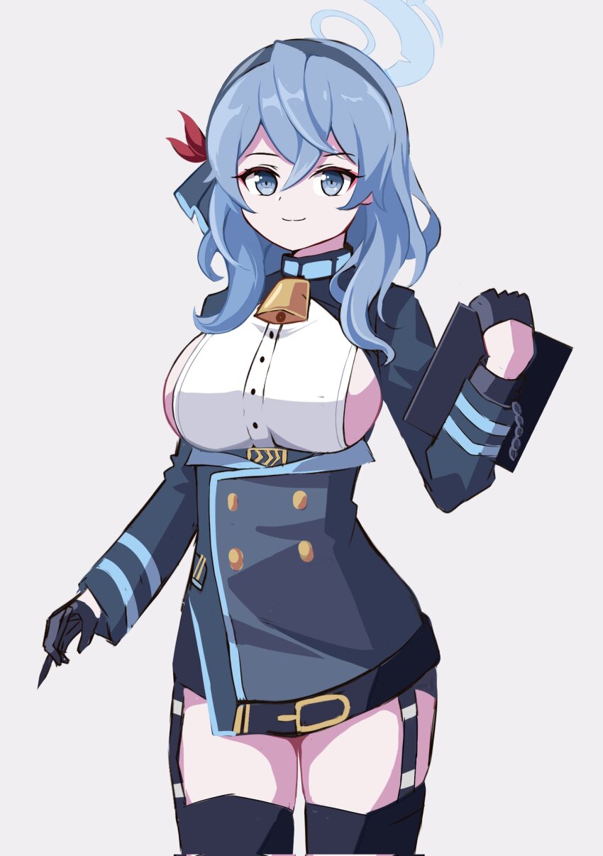 1girl ako_(blue_archive) bell black_gloves black_skirt black_thighhighs blue_archive blue_eyes blue_hair blue_halo blue_jacket breasts buttons closed_mouth commentary corrupted_twitter_file cowbell cowboy_shot cuffs double-breasted elegants301 garter_straps gloves grey_hairband hair_between_eyes hair_over_shoulder hair_ribbon hairband half_gloves halo hand_up highres holding holding_stylus holding_tablet_pc jacket large_breasts long_sleeves looking_at_viewer medium_hair neck_bell red_ribbon ribbon shackles shirt sideboob sideless_outfit simple_background skirt solo standing stylus tablet_pc thighhighs underbust white_background white_shirt