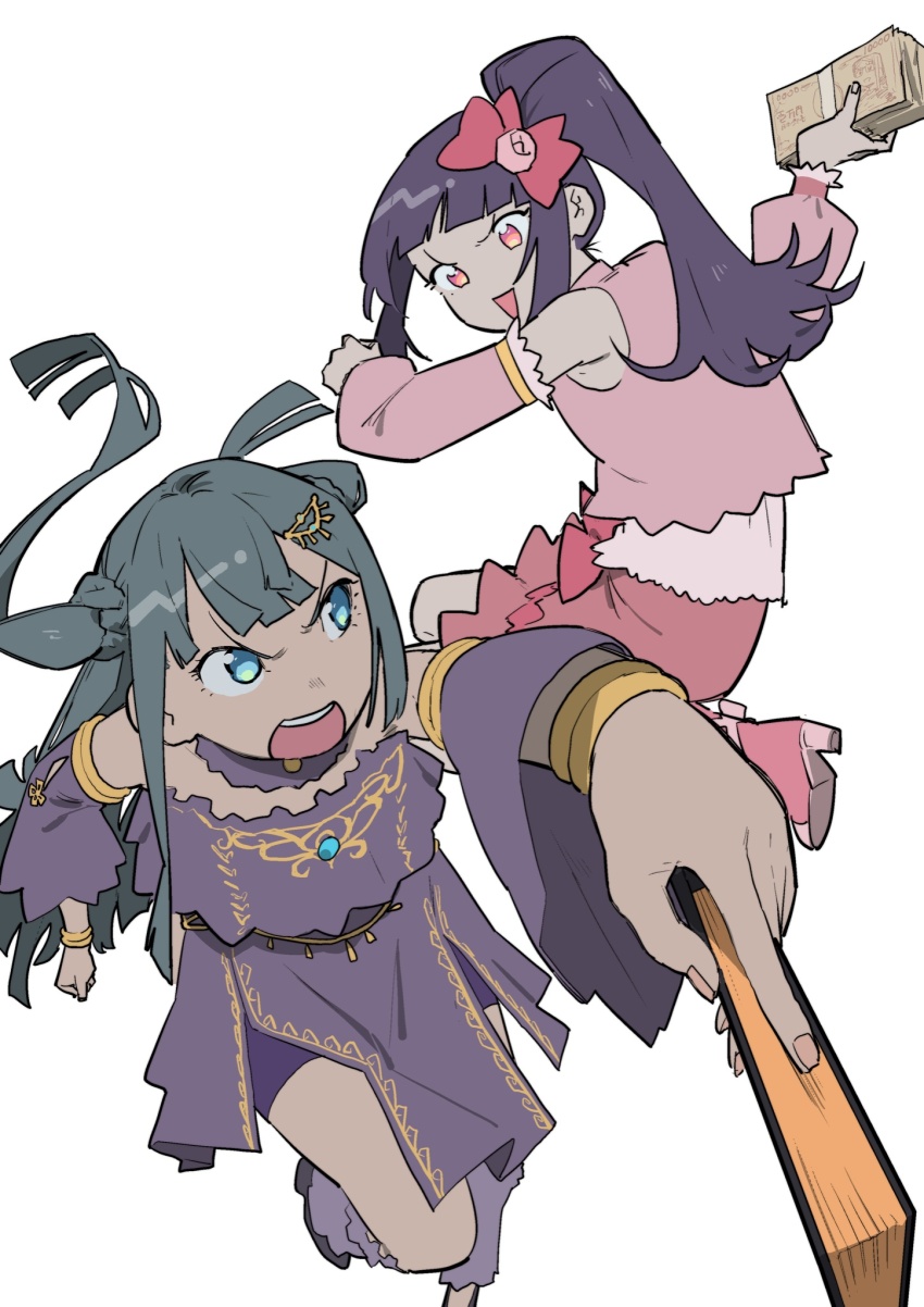 2girls :d blue_eyes blunt_bangs boots bracelet collar commentary_request detached_collar detached_sleeves dress folded_fan folding_fan gold_trim green_hair hanazono_shuka hand_fan highres holding holding_fan holding_money idol_clothes jewelry kemura_(puripurinea) long_hair long_sleeves looking_at_another looking_back money multiple_girls open_mouth outstretched_arm pink_boots pink_eyes pink_shirt pink_skirt pink_sleeves ponytail pretty_series pripara purple_collar purple_dress purple_hair purple_sleeves shirt simple_background skirt smile strapless strapless_dress tsukikawa_chili two_side_up v-shaped_eyebrows white_background