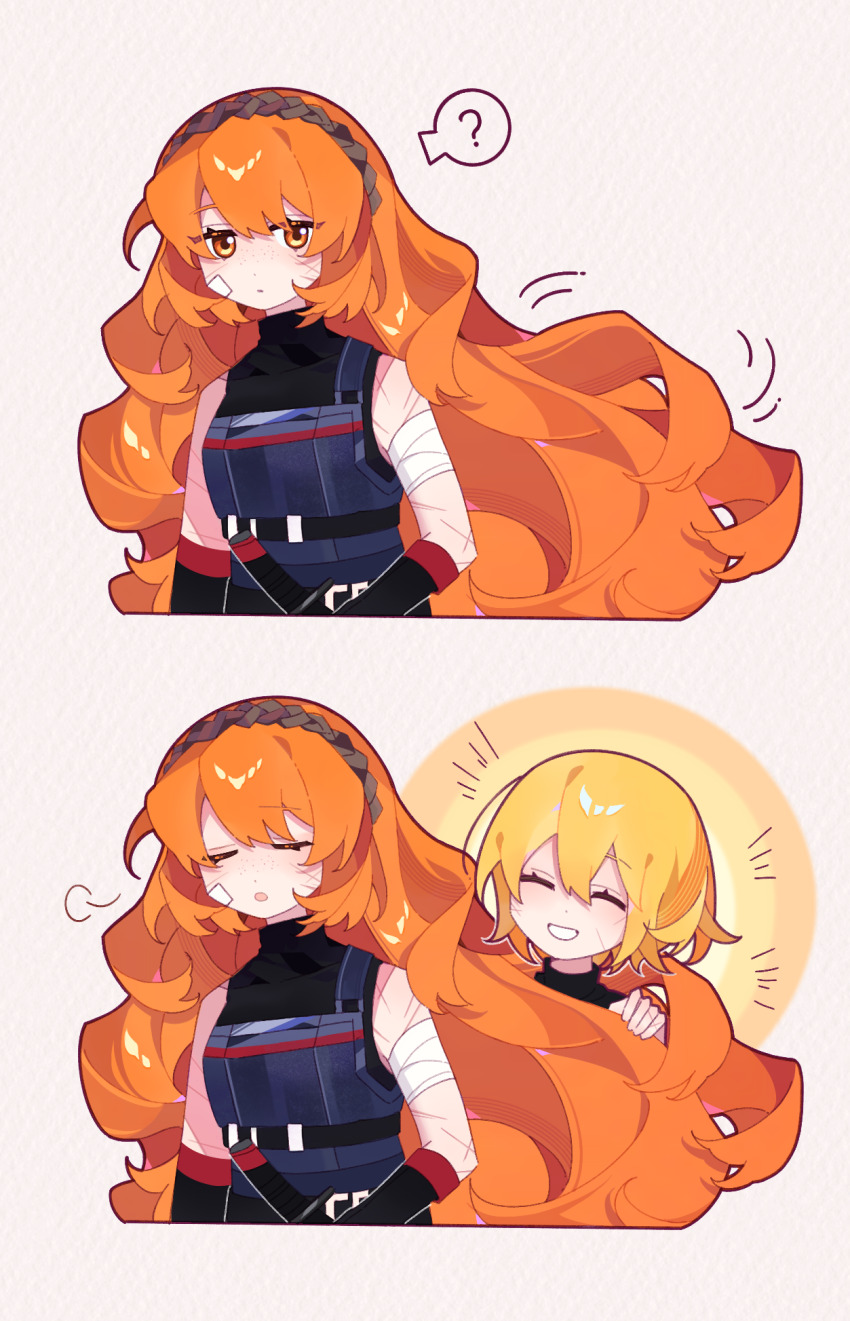 2girls :d ? armor bandaged_arm bandages blonde_hair don_quixote_(project_moon) freckles grin hairband highres in_another&#039;s_hair ishmael_(project_moon) laylayhappy limbus_company long_hair multiple_girls open_mouth orange_hair project_moon shi_association_south_uniform short_hair sigh sleeveless sleeveless_turtleneck smile turtleneck upper_body very_long_hair