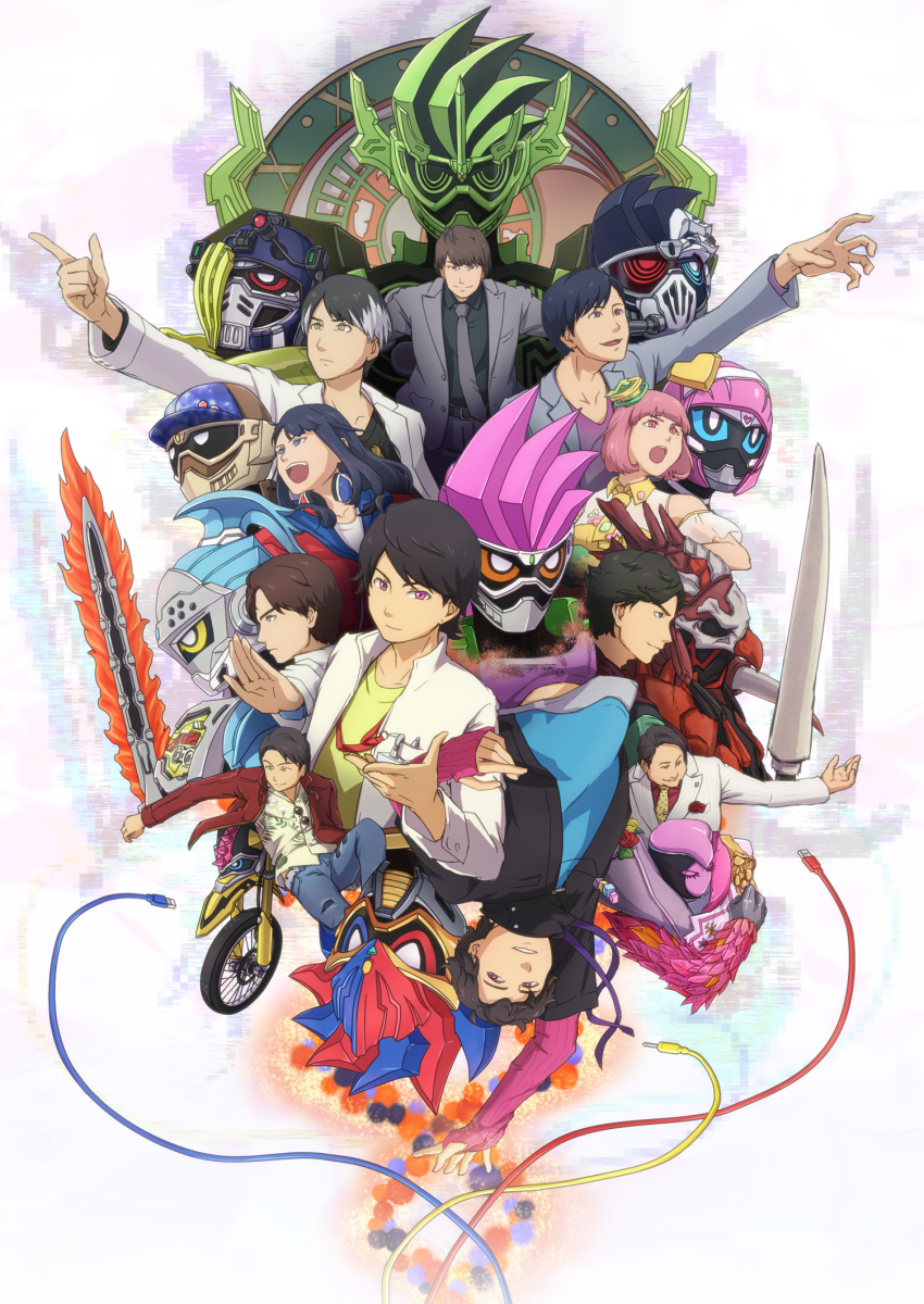 amagasaki_ren bicycle business_suit cable clock dan_kuroto dan_masamune enseki_(tenseiseki) everyone finger_gun formal_clothes graphite_bugster hanaya_taiga headphones highres houjou_emu jacket kagami_hiiro kamen_rider kamen_rider_brave kamen_rider_cronus kamen_rider_ex-aid kamen_rider_ex-aid_(series) kamen_rider_genm kamen_rider_lazer kamen_rider_para-dx kamen_rider_poppy kamen_rider_snipe kuujou_kiriya lab_coat leather leather_jacket multicolored_hair parad poppi_pipopapo reaching reaching_towards_viewer ride_player ride_player_nico saiba_niko suit sunglasses sword two-tone_hair weapon
