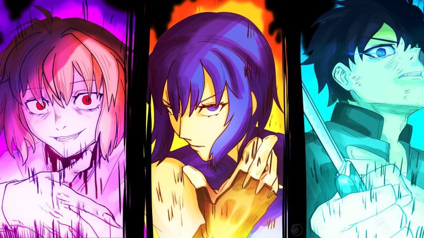 120%_potential_(meme) 1boy 2girls angry annoyed arcueid_brunestud aura black_hair blonde_hair blood blood_on_clothes blue_eyes blue_hair ciel_(tsukihime) crazy_eyes crazy_smile dantonphanton expressionless fingernails highres holding holding_weapon jacket jujutsu_kaisen multiple_girls mystic_eyes_of_death_perception nanatsu-yoru open_mouth powered_ciel red_arcueid red_eyes scene_reference sharp_fingernails shirt short_hair sleeveless sleeveless_shirt smile sweater tohno_shiki tsukihime tsukihime_(remake) turtleneck turtleneck_sweater type-moon weapon white_sweater