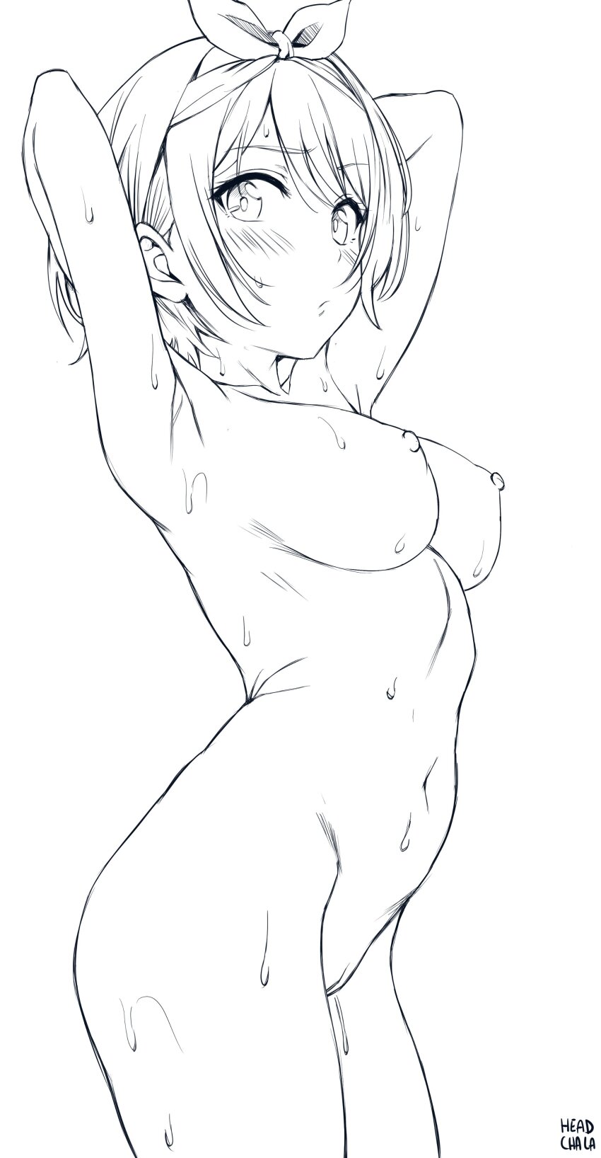 1girl absurdres arm_up armpits arms_behind_head artist_name blush bow_hairband breasts closed_mouth commentary completely_nude cowboy_shot english_commentary hairband head_cha_la high_contrast highres kanojo_okarishimasu large_breasts lineart looking_at_viewer monochrome navel nipples nude perky_breasts raised_eyebrow sarashina_ruka short_hair simple_background solo sweat thighs white_background