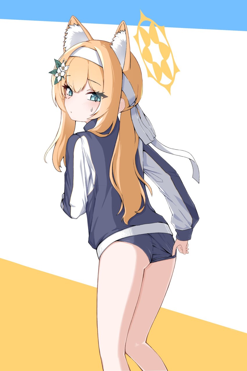 1girl absurdres adjusting_buruma adjusting_clothes animal_ear_fluff animal_ears ass black_buruma black_jacket blue_archive blue_eyes blush buruma cat_ears cat_girl closed_mouth eyelashes eyes_visible_through_hair feet_out_of_frame flower from_behind gym_uniform hair_flower hair_ornament hairband halo highres jacket jjirit_96 korean_commentary long_hair long_sleeves looking_back mari_(blue_archive) mari_(track)_(blue_archive) multicolored_jacket official_alternate_costume orange_background orange_hair ponytail sidelocks simple_background solo standing sweatdrop track_jacket two-tone_background two-tone_jacket white_background white_hairband white_jacket yellow_halo