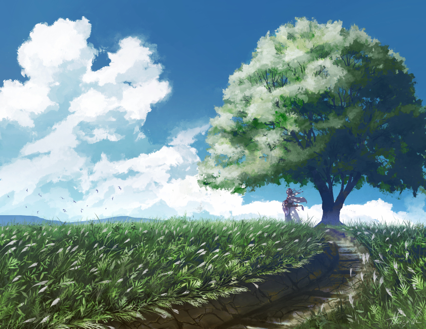 1girl absurdres alternate_hairstyle animal_ears bird black_skirt blue_sky cherry_tree cloud cloudy_sky commentary day detached_sleeves english_commentary facing_away field floating_hair flock from_behind full_body grass hat highres inubashiri_momiji landscape large_variant_set long_hair long_skirt nature oubachiago outdoors path procreate_(medium) red_ribbon red_trim ribbon road scabbard scenery sheath sheathed shirt signature skirt sky sleeveless sleeveless_shirt solo summer sword sword_on_back sword_tassel tail tokin_hat touhou tree variant_set very_wide_shot weapon weapon_on_back white_hair white_shirt white_tail wide_sleeves wolf_ears wolf_girl wolf_tail