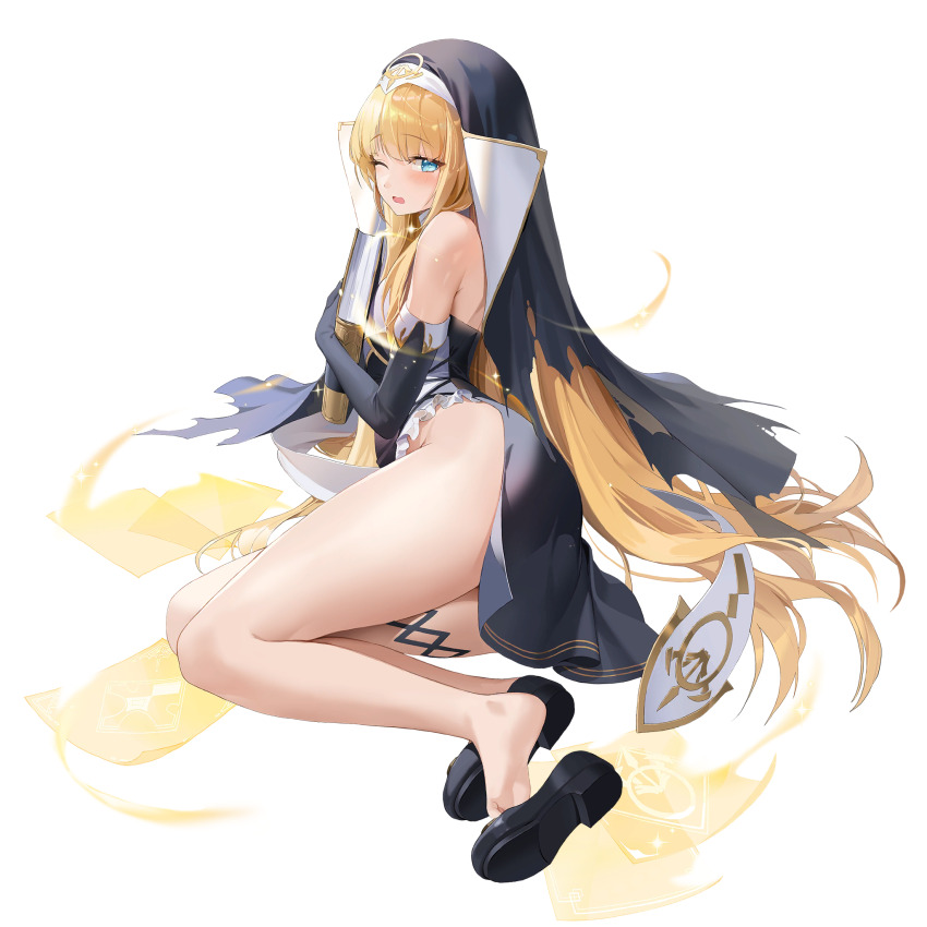 1girl bare_legs bare_shoulders black_gloves black_shoes blonde_hair blue_eyes blush book breasts cardinal_armand choyeon defeat elbow_gloves frilled_leotard frills full_body game_cg gloves habit highleg highleg_leotard highres holding holding_book last_origin leotard long_hair looking_at_viewer looking_to_the_side magic no_panties nun official_alternate_costume official_art one_eye_closed open_mouth pages pelvic_curtain shawl shoes sidelocks simple_background single_shoe sitting small_breasts solo tachi-e thigh_strap thighs third-party_source torn_clothes torn_veil transparent_background unworn_shoes veil very_long_hair white_leotard white_shawl yokozuwari