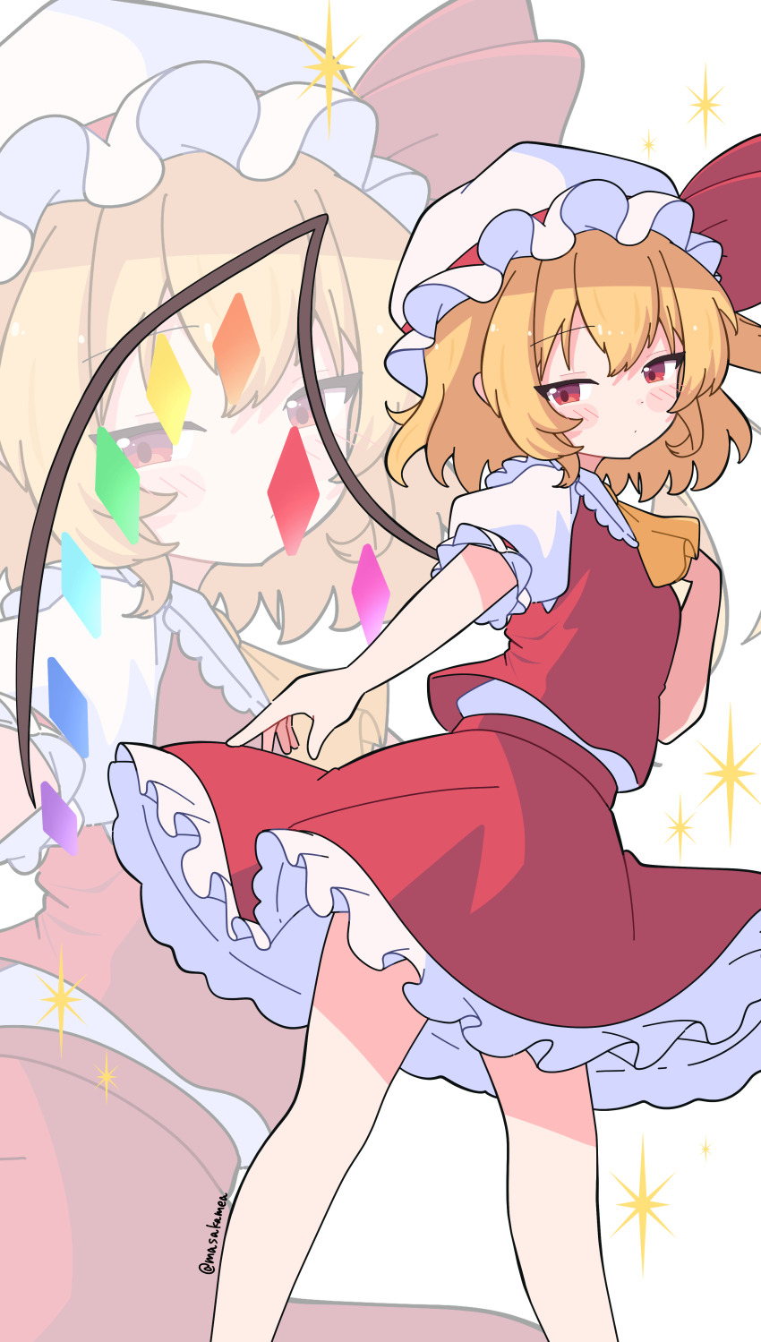 1girl absurdres ascot blonde_hair bow crystal crystal_wings flandre_scarlet frills hair_between_eyes hat hat_bow hat_ribbon highres looking_at_viewer masakamea mob_cap puffy_short_sleeves puffy_sleeves red_bow red_eyes red_skirt red_vest ribbon shirt short_sleeves side_ponytail skirt solo standing touhou vest wings yellow_ascot
