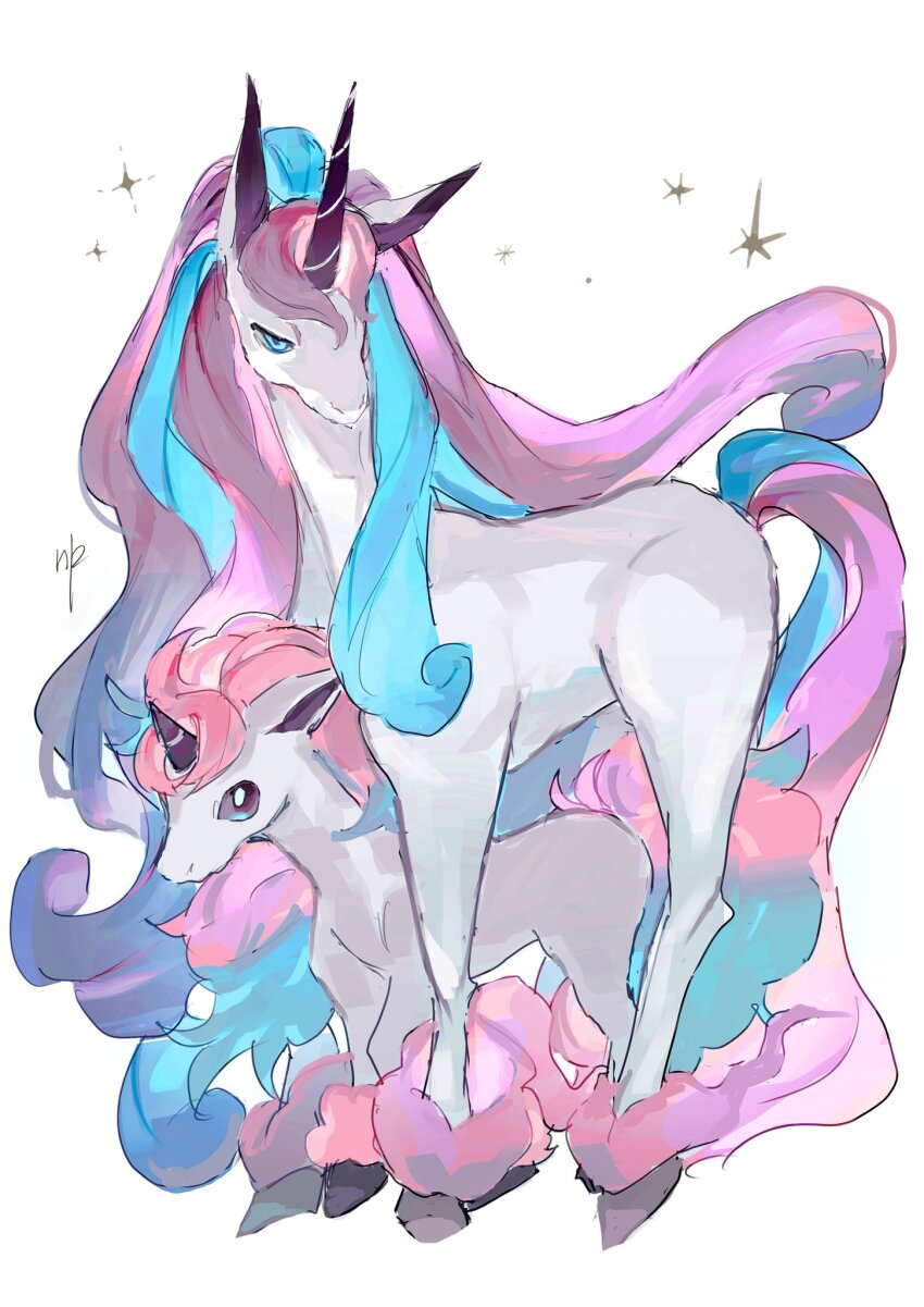blue_eyes blue_hair evolutionary_line galarian_form galarian_ponyta galarian_rapidash gen_8_pokemon highres horns long_hair nintendo no_humans np_(0wzsyvlnp78) pink_hair pokemon pokemon_(creature) simple_background single_horn sparkle white_fur