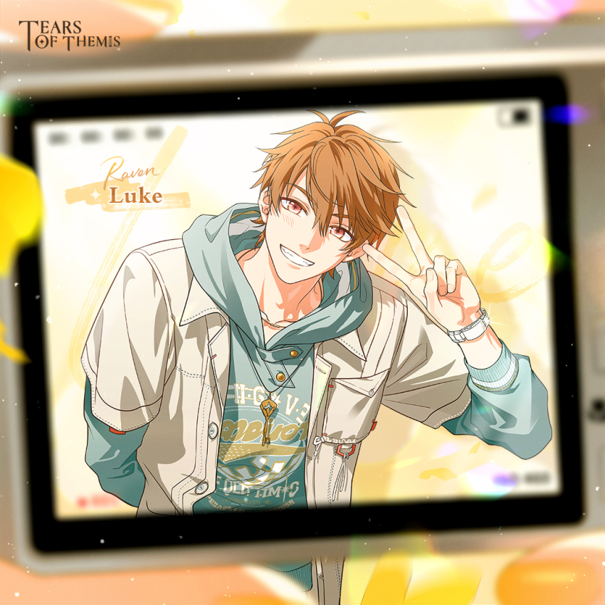 1boy aqua_hoodie arm_behind_back battery_indicator blurry brown_hair brown_shirt camera character_name commentary copyright_name depth_of_field english_commentary grin hair_between_eyes hood hood_down hoodie jacket layered_sleeves long_sleeves looking_at_viewer luke_pearce_(tears_of_themis) male_focus official_art open_clothes open_jacket orange_background print_hoodie red_eyes shirt short_hair short_over_long_sleeves short_sleeves smile solo taking_picture tears_of_themis upper_body v watch white_day wristwatch