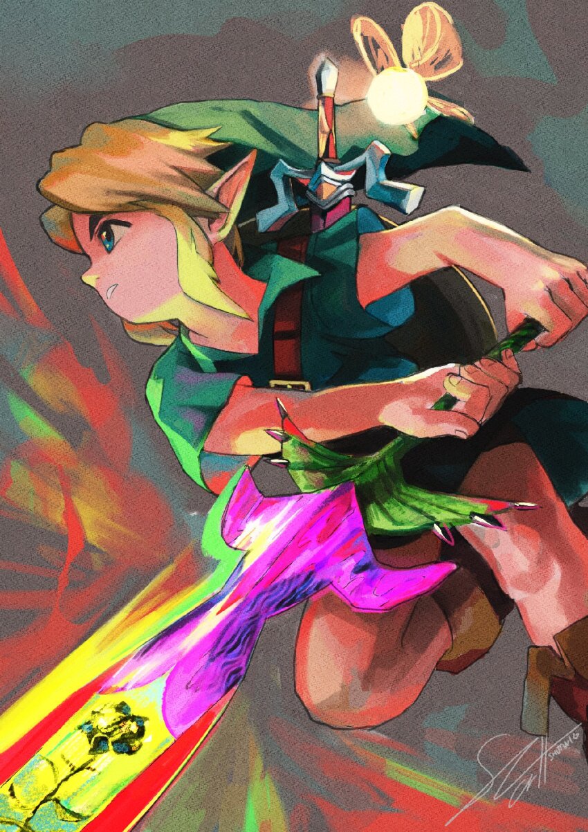 1girl blonde_hair blue_eyes boots fairy gilded_sword_(majora&#039;s_mask) great_fairy&#039;s_sword grey_background hat link nintendo parted_lips pointy_ears shield shield_on_back shutwig solo sword sword_on_back tatl the_legend_of_zelda the_legend_of_zelda:_majora&#039;s_mask tunic weapon_on_back