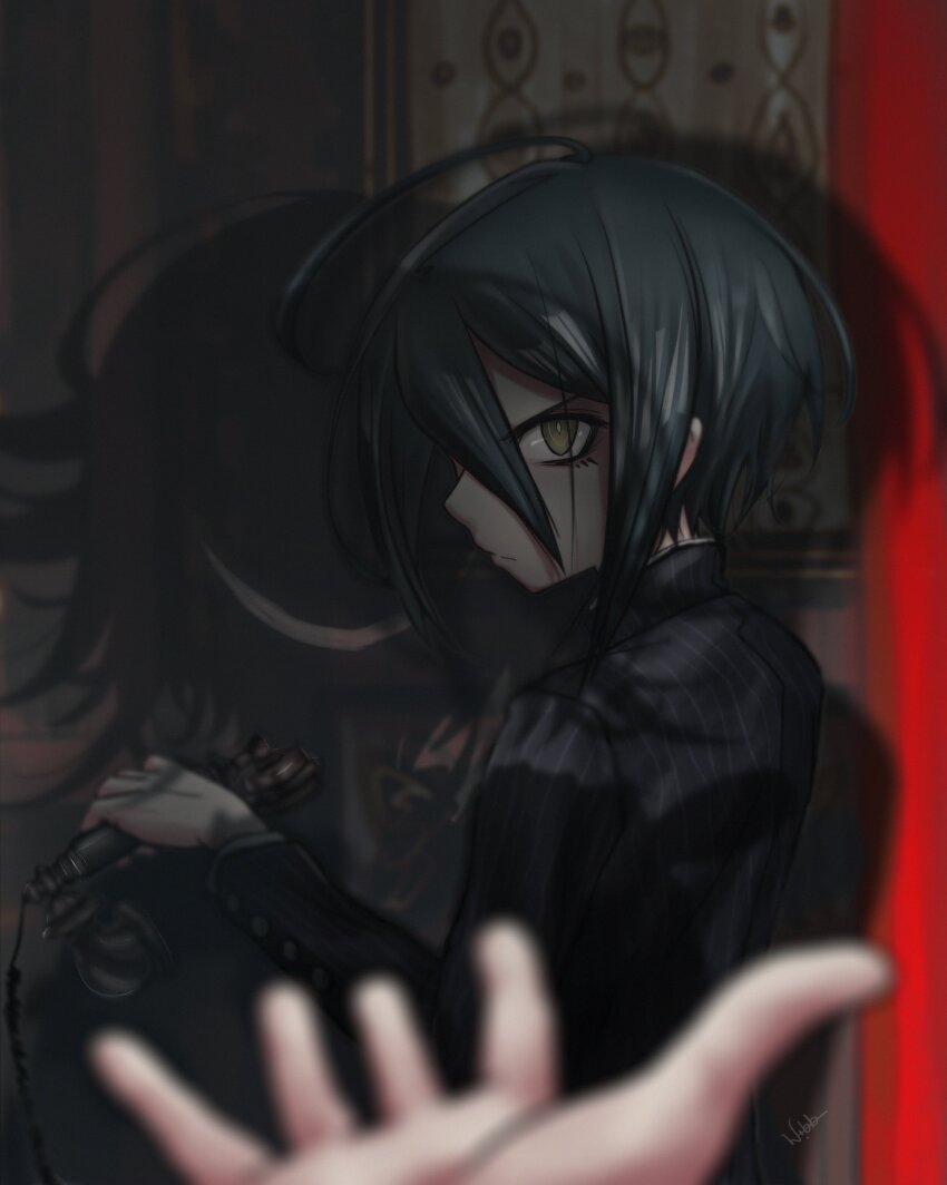 2boys absurdres ahoge annoyed antique_phone black_hair black_jacket collared_jacket commentary crescent_mouth danganronpa_(series) danganronpa_v3:_killing_harmony evil_grin evil_smile eyelashes flipped_hair from_behind glaring grin hair_between_eyes highres holding holding_phone indoors jacket long_sleeves looking_at_viewer male_focus mouth_in_shadow multiple_boys muted_color oma_kokichi phone pinstripe_jacket pinstripe_pattern pov pov_hands profile saihara_shuichi scene_reference shadow short_hair smile solo_focus spoilers striped_clothes upper_body wallpaper_(object) wibboo yellow_eyes