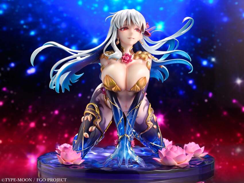 1girl armor bikini_armor blue_skin breasts cleavage colored_inner_hair colored_skin fate/grand_order fate_(series) figure floating_hair flower highres kama_(fate) kama_(third_ascension)_(fate) large_breasts long_hair lotus multicolored_hair red_eyes solo white_hair