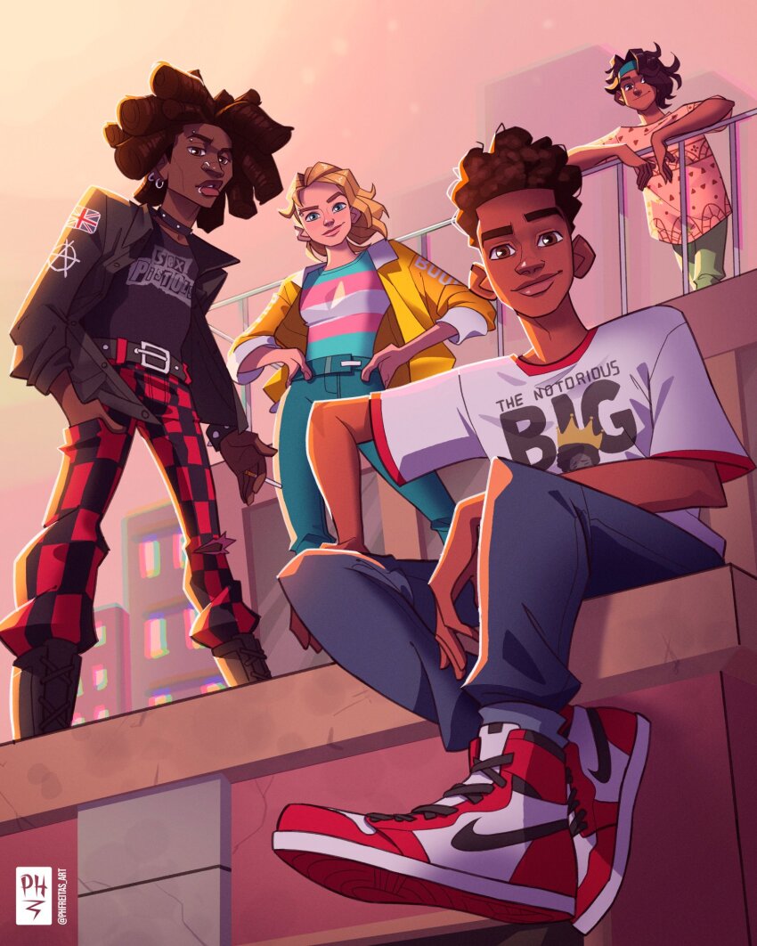 1girl 3boys air_jordan air_jordan_1 belt black_footwear black_hair black_shirt blonde_hair blue_eyes brown_eyes cigarette dark-skinned_male dark_skin ear_piercing gwen_stacy headband highres hobie_brown holding holding_cigarette image_sample jacket leather leather_jacket lip_piercing looking_at_viewer marvel miles_morales mouth_piercing multiple_boys open_clothes open_jacket pants pavitr_prabhakar phfreitas_art piercing shirt shoes short_hair short_sleeves smile sneakers spider-gwen spider-man:_across_the_spider-verse spider-man_(series) spider-man_india spider-punk spider-verse transgender_flag twitter_sample yellow_jacket