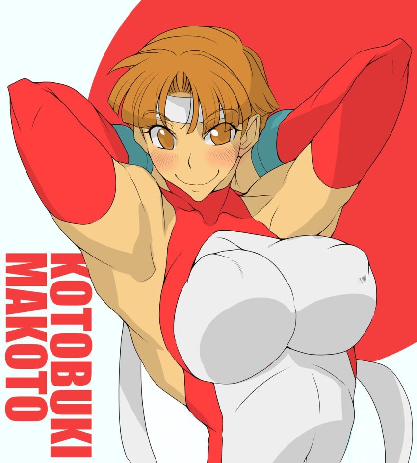 1girl armpits arms_behind_head blush breasts brown_eyes brown_hair headband kotobuki_makoto large_breasts leotard mach_breakers muscular muscular_female namco nipples numan_athletics short_hair skin_tight smile toned yoshitsuki