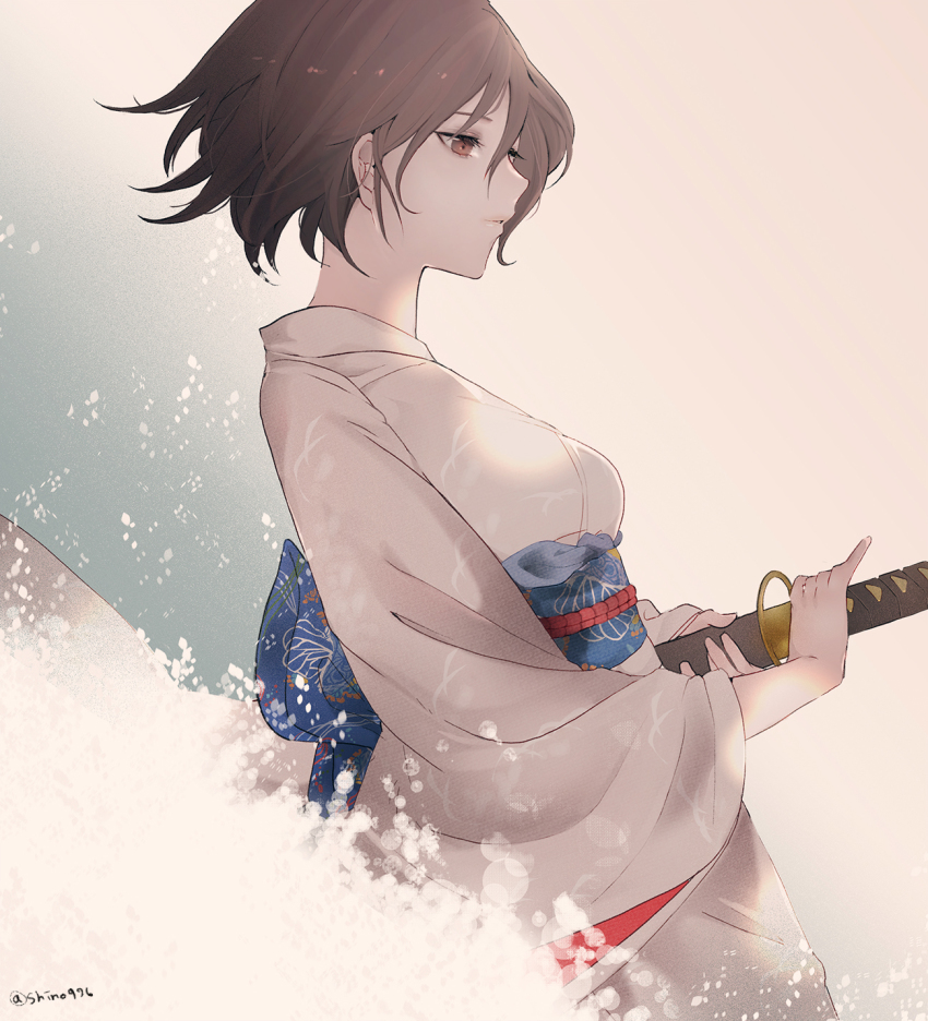 1girl bad_id bad_pixiv_id blue_background breasts brown_eyes brown_hair commentary_request cowboy_shot expressionless female_focus fighting_stance floating_hair from_side gradient_background half-closed_eyes highres holding holding_sheath holding_sword holding_weapon japanese_clothes kara_no_kyoukai katana kimono long_sleeves looking_away looking_down medium_breasts multicolored_background obi parted_lips pink_background print_kimono print_sash ready_to_draw ryougi_shiki sash scabbard sheath shino_(mufn5785) short_hair solo standing sword twitter_username weapon white_kimono wide_sleeves wind