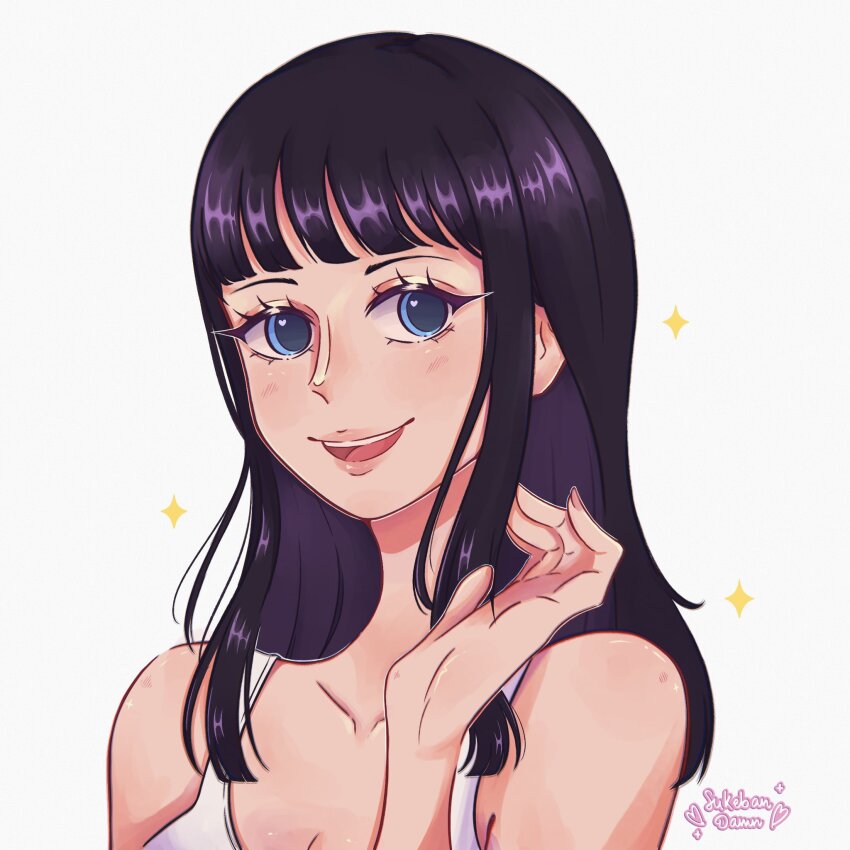 1girl artist_name black_hair blue_eyes blunt_bangs blush commentary english_commentary eyelashes eyeshadow highres looking_at_viewer makeup medium_hair nico_robin nico_robin_(elbaf) one_piece pink_lips purple_hair simple_background smile solo sparkle sukebandamn white_background