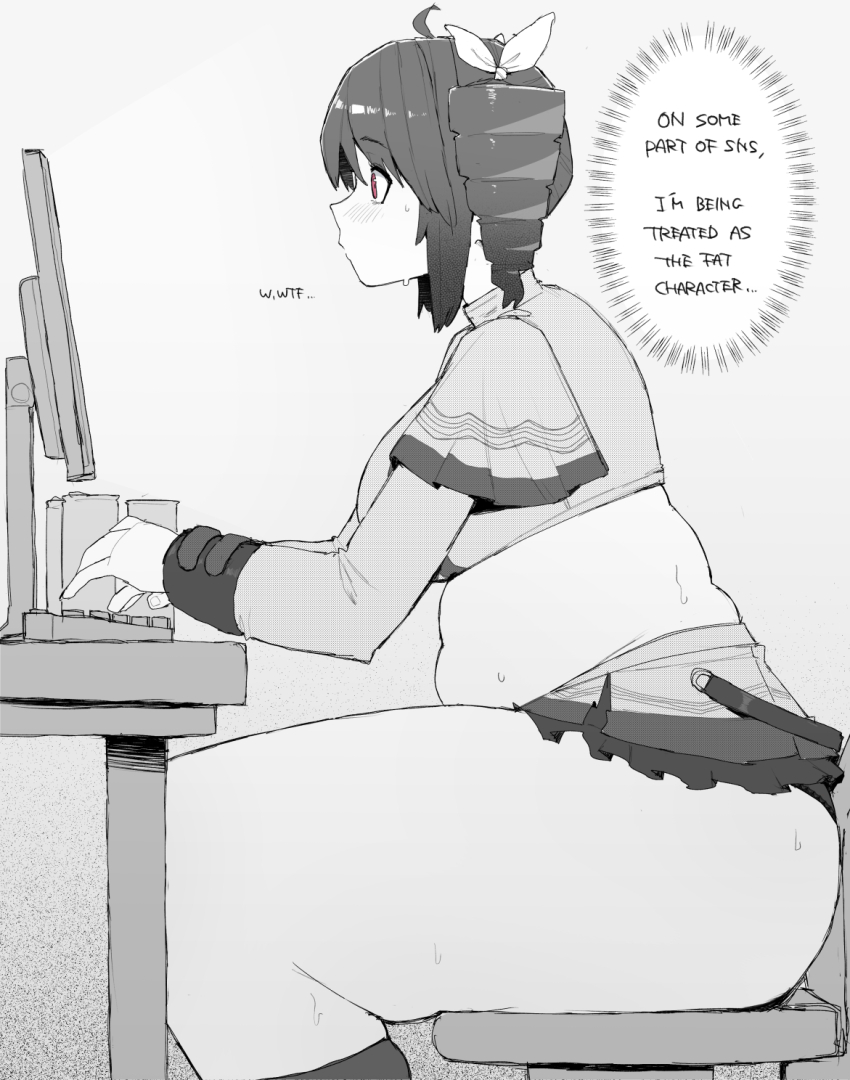 1girl ahoge ass breasts computer drill_hair english_text fat greyscale highres kasane_teto large_breasts medium_hair monochrome ohasi plump red_eyes spot_color sweat thick_thighs thighs twin_drills utau