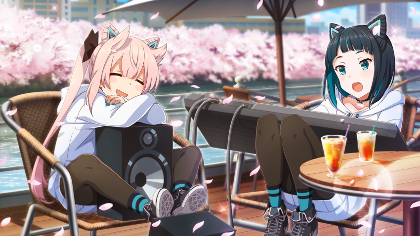 2girls :d animal_ears aqua_eyes aqua_nails aqua_socks black_choker black_footwear blue_hair blunt_bangs blurry blurry_background blush_stickers brown_pantyhose cat_ears chair cherry_blossoms choker closed_eyes collarbone colored_inner_hair crossover cup drink falling_petals game_cg gems_company hair_horns hood hood_down hoodie instrument keyboard_(instrument) long_sleeves mashiko_kaoru mizushina_aoi multicolored_hair multiple_girls official_art on_chair open_mouth outdoors pantyhose petals pink_hair shoes short_hair sitting smile socks speaker table teeth toji_no_miko toji_no_miko:_kizamishi_issen_no_tomoshibi twintails umbrella upper_teeth_only virtual_youtuber white_hoodie