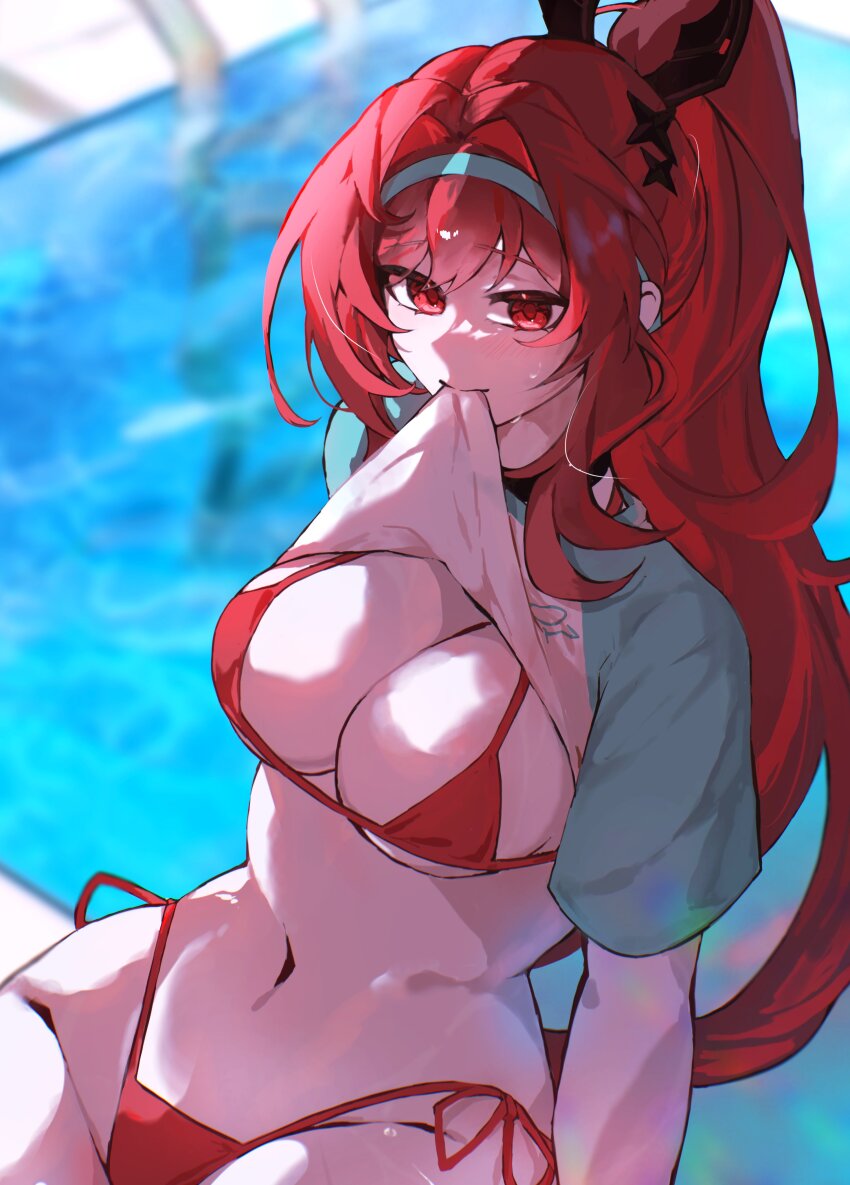 1girl absurdres bikini breasts clothes_in_mouth goddess_of_victory:_nikke highres large_breasts mmaayyooccaatt mouth_hold navel official_alternate_costume official_alternate_hair_color official_alternate_hairstyle ponytail pool poolside rapi_(nikke) rapi_(red_hood)_(nikke) rapi_(red_hood)_(red_flavor)_(nikke) red_bikini red_eyes red_hair shirt shirt_in_mouth solo swimsuit water